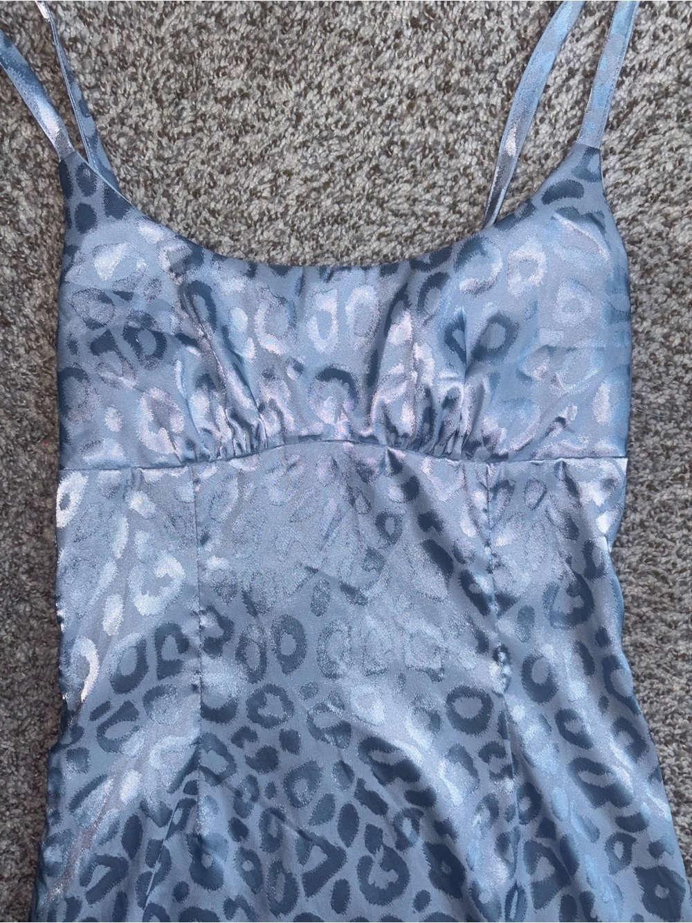 Blue Satin Leopard Print Mini Dress | Y2K Coquette Tie Strap Slip Dress XS - Picture 2 of 4